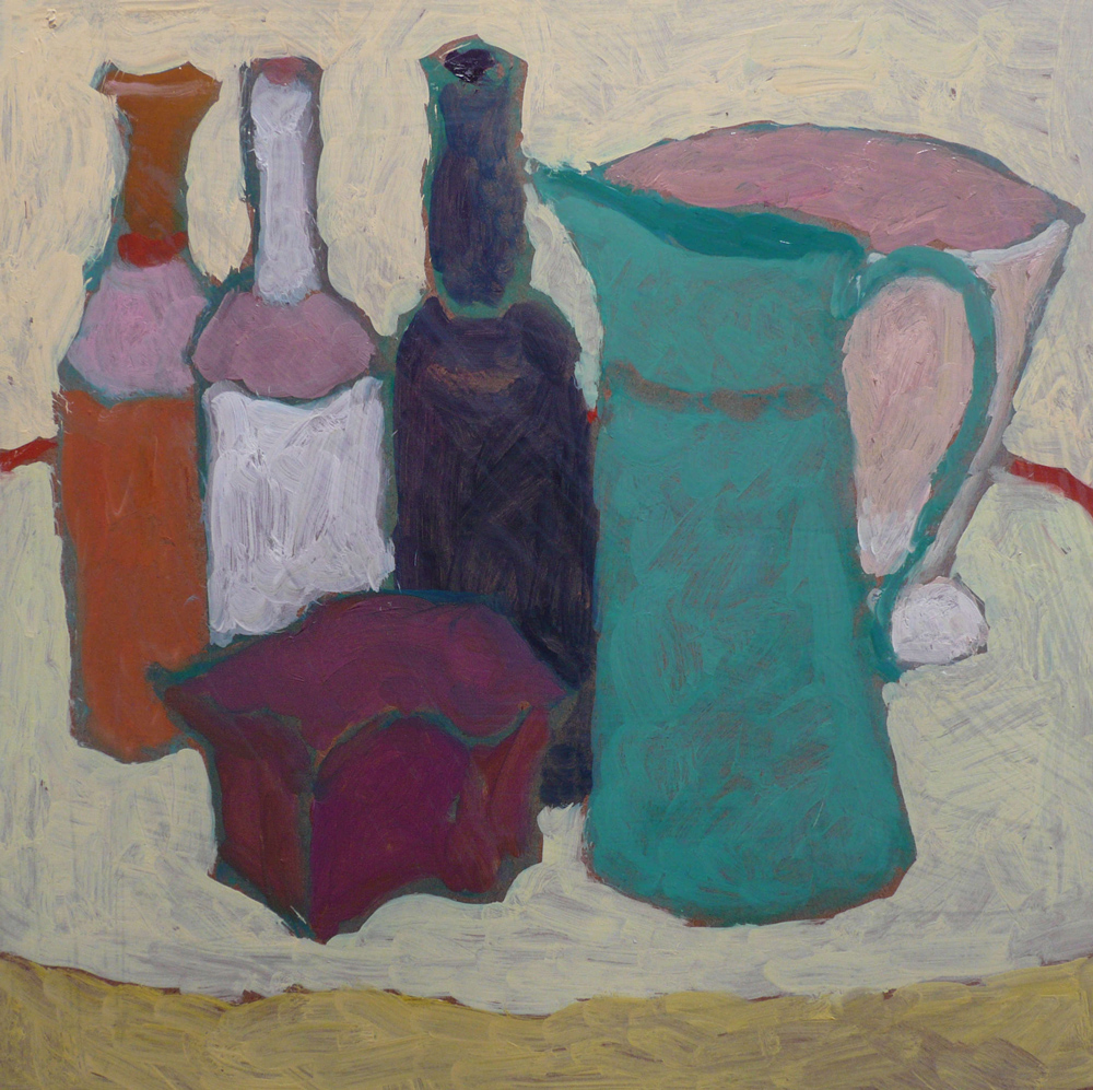 Stilleven met 3 flessen, 50 x50 cm, olieverf
